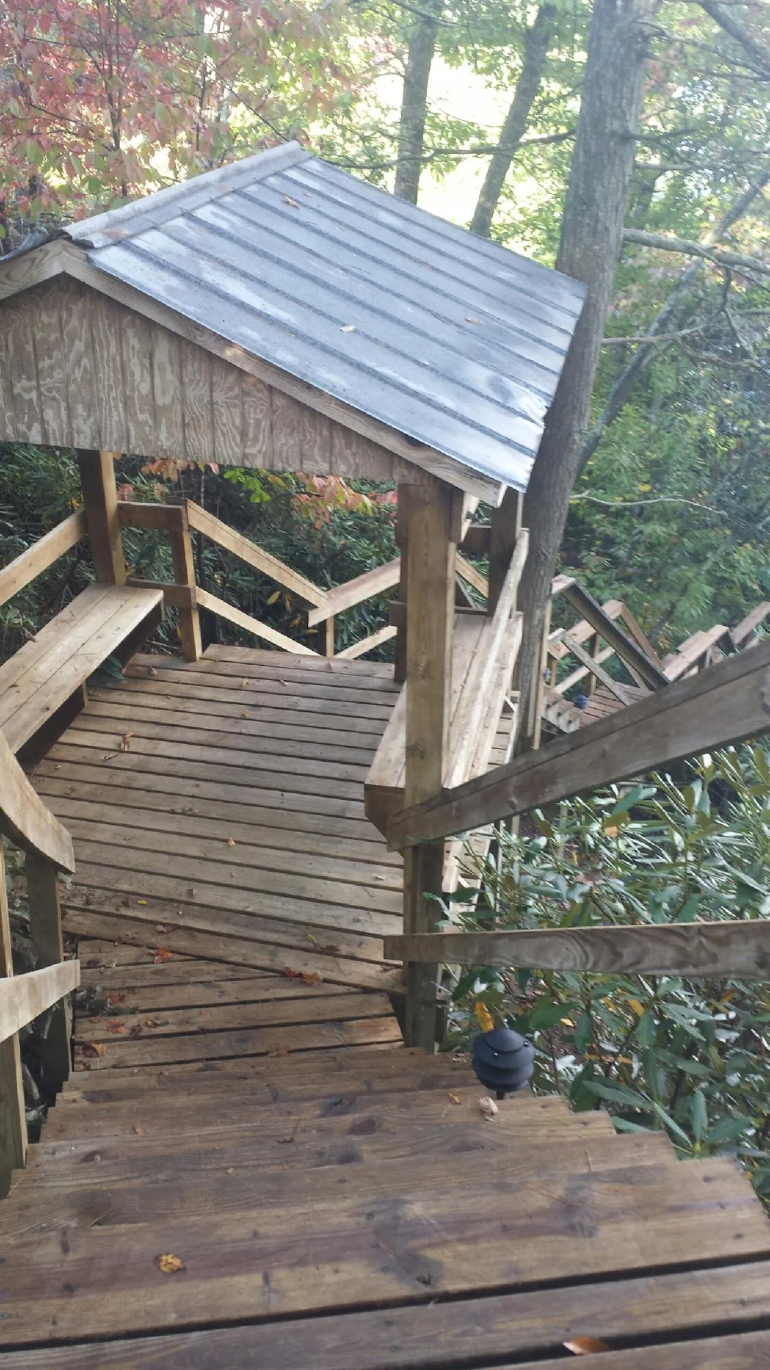 Metal roofed shelter over wooden steps on a wooded walkway — Skylight Repair & Installation work by our crew in Haledon
